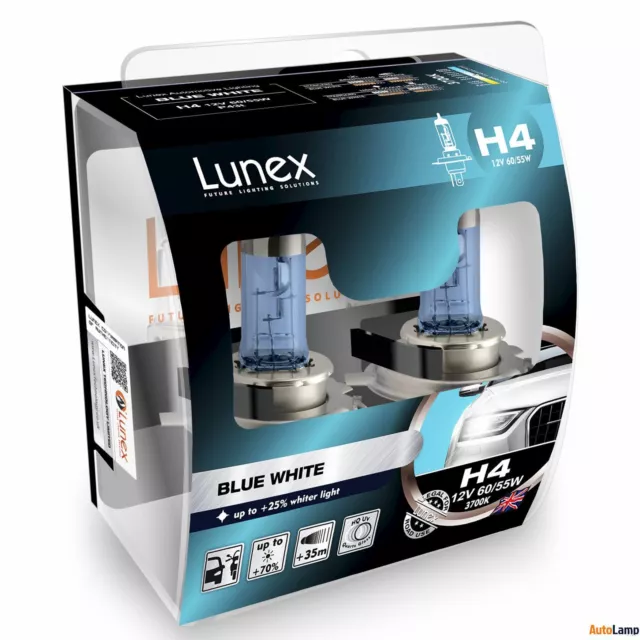 2x H4 Lunex Blue White 3700K 55/60W 12V Car Headlight Bulbs P43t Hard Case