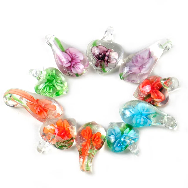 10PCS Heart Murano Drop Flower Lampwork Glass Bead Pendant Necklace Art Women vt