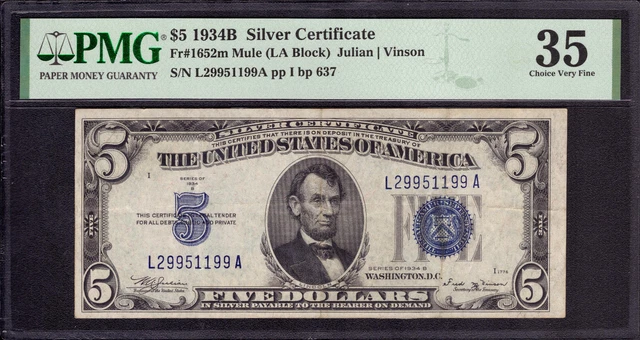 1934 B $5 SILVER CERTIFICATE NOTE FR.1652m MULE BACK PLATE 637 PMG CHOICE VF 35