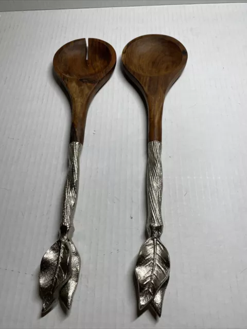 Pier One Imports Serveware Salad Server, Wood Spoon and Fork, Metal Leaf