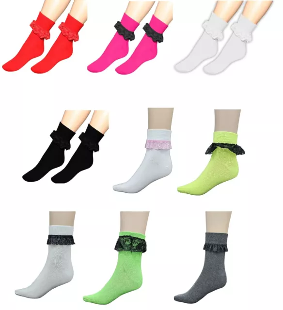 New GIRLS LADIES ANKLE LACE Sports Fashion SOCKS WITH FRILL WOMENS Uk SIZE 4-6