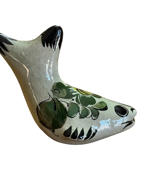 Vintage Tonala Mexican Green Fish Folk Art Pottery Handpainted Whimsical Tail Up
