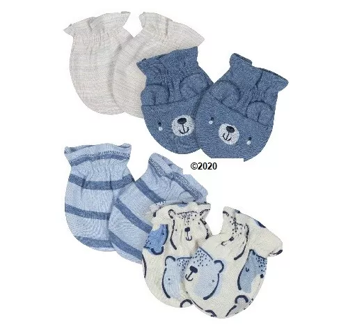 Gerber Baby Boy 4-Pack Blue Bear Organic Mittens Size 0-3M