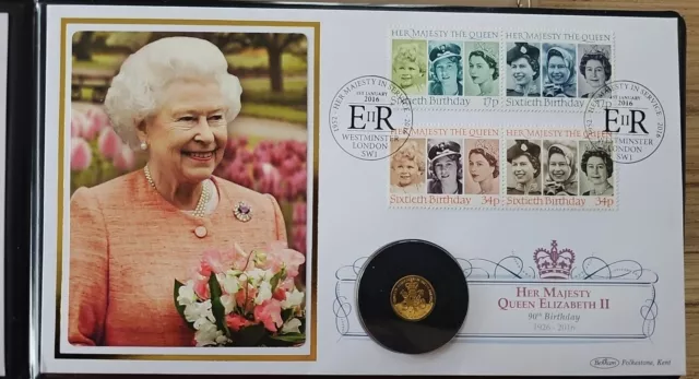 The Queen Elizabeth II 90th Birthday Solid Gold Coin Cover 9 Carat Gold Rare