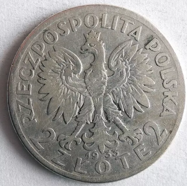 1933 POLAND 2 ZLOTE - RARE TYPE  - Excellent Silver Coin - Lot #A9