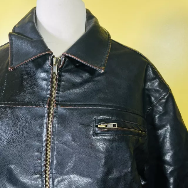 Vintage L Vegan Leather Jacket Perry Ellis Brown Bomber Trucker Lined Biker Coat