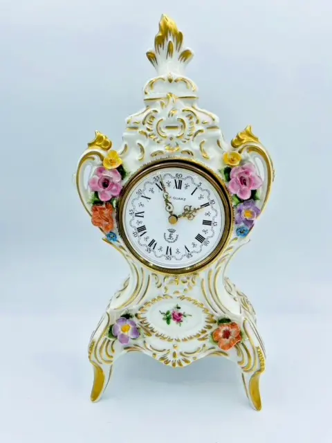 Lindner Kueps Bavaria Porcelain Clock Table Germany Rococo Baroque Floral White