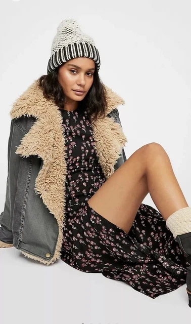 RARE FREE PEOPLE Owen Sherpa Teddy Collar Denim Jacket Foggy Night XS 228.00 PicClick