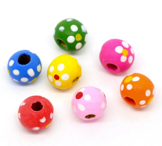 100 Round Wooden Beads - Flower Pattern - 10mm x 9mm - Mixed Colours - J11300
