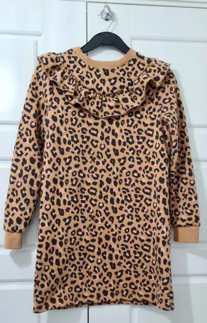 F&F Girls Leopard Print Beige Sweatshirt Jumper Dress Age 10-11 Years