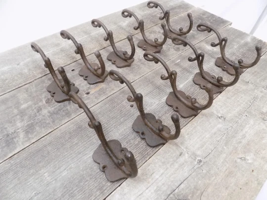 12 Large Cast Iron Bath Hooks Coat Towel Ornate Vintage Rustic Hall Tree Entry
