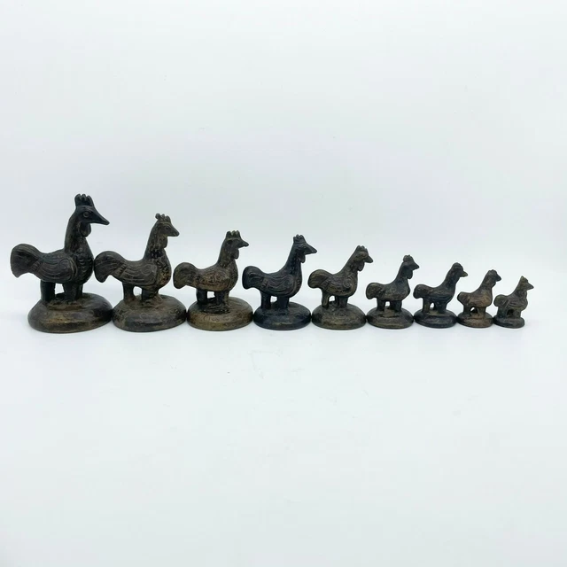 Superb Old Bronze Opium Weight Set 9 Chicken Weights