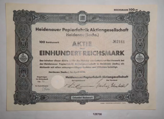 100 Reichsmark Aktie Heidenauer Papierfabrik AG April 1938 (128692)