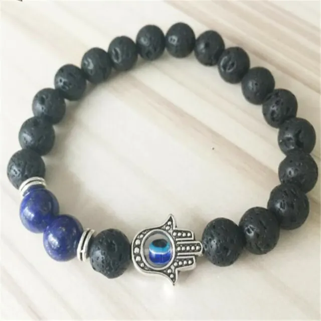 8MM Lava Stone Lapis Lazuli Gemstone Mala Bracelet 7.5 inches Reiki Handmade