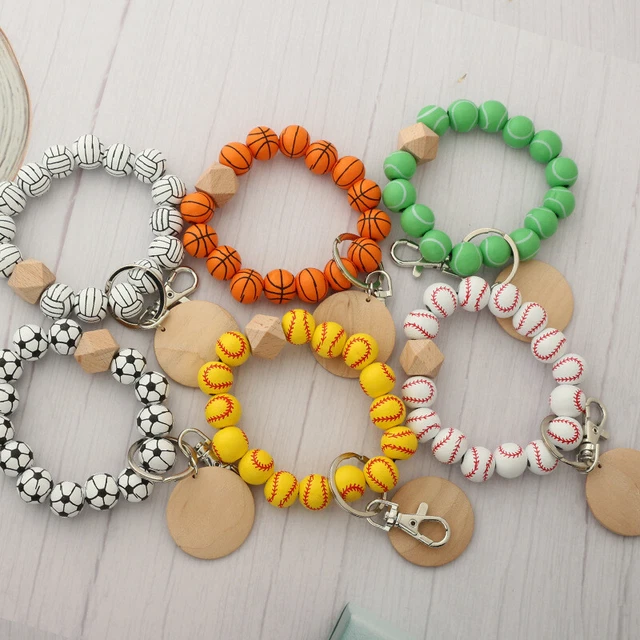New Baseball Softball Wood Beads Keychain Bracelets Monogram Disc Sports Jewelry