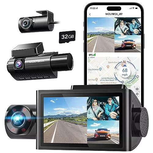 WOLFBOX i07 3-Kanal Auto Dashcam Kamera mit WiFi GPS,4K+1080P Auto-Dash-Kamera