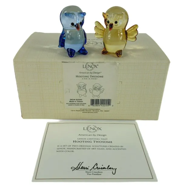 Lenox Hooting Twosome Owl Pair Figurines Blue Amber Glass In Box