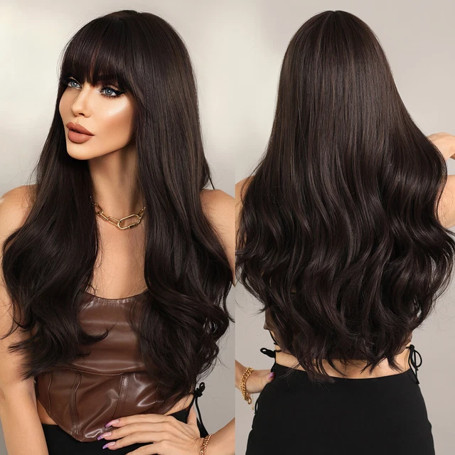 LONG WAVY SYNTHETIC Hair Natural Halloween Dark brown Dress Up Wigs