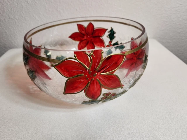 Vintage Crackle Glass Large Serving Display Bowl Holiday Poinsettia Hand Painted 2