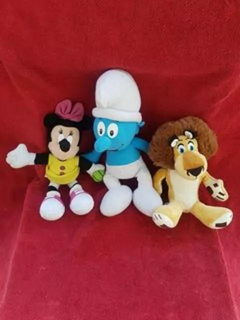 Lot de 3 Doudou Peluche  Mimi (Mickey) Lion (Madagasar) Schtroumpf Classique