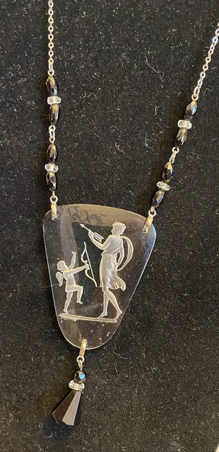 1920s Czech Art Deco Crystal Necklace Psyche Eros Intaglio Glass Pendant Cupid