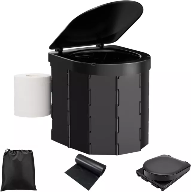 Portable Camping Toilet, Folding Toilet  with Lid and Toilet Paper Holder, Black