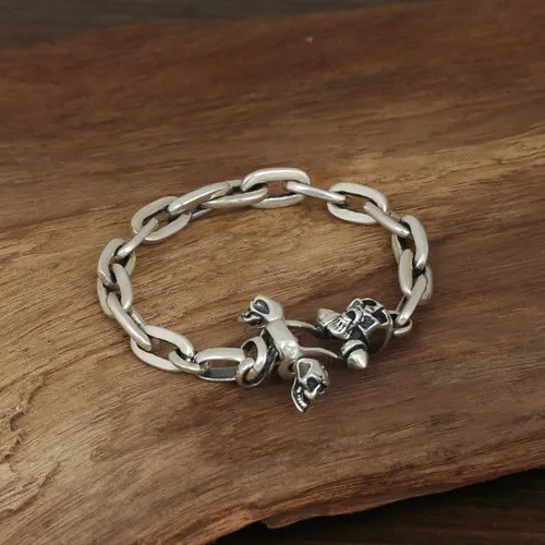 Real Solid 925 Sterling Silver Bracelet Link Skull Loop Chain Jewelry 7.9"