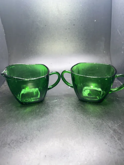 Fire King Anchor Hocking Charm Forest Green Glass Square Sugar & Creamer Set