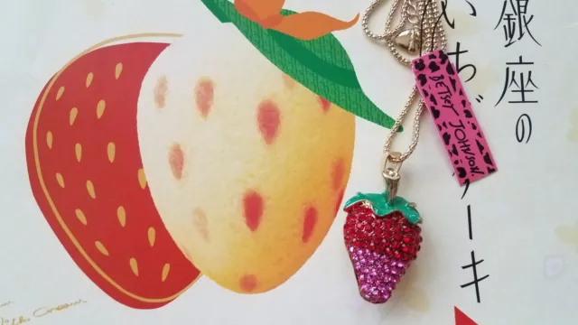 Betsey Johnson Red and Pink Crystal Strawberry 3D Bling Iced Pendant Necklace
