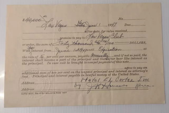 Vintage Las Vegas Club El Cortez Casino Signed Promissory Note J.K. Houssels