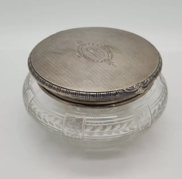 William Kerr - Sterling Silver Lidded Powder Jar Box Etched Glass 5900-5 SS