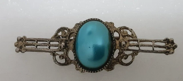Vintage Bronze Color Cabochon Shaped Teal Color Stone  Brooch