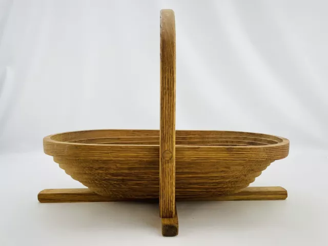16" Vtg Collapsible Folding Wooden Bowl Basket W Handle Mid Century MCM Handmade
