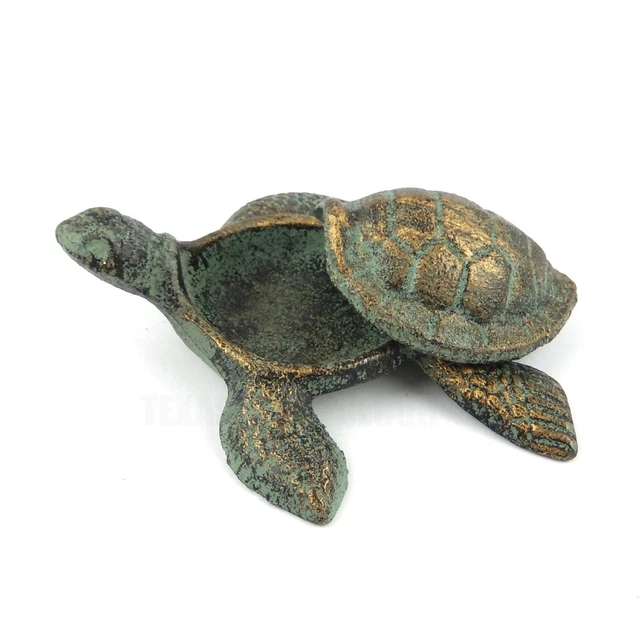 Cast Iron Sea Turtle Shell Key Box Hider Figurine Verdigris Green Gold Finish