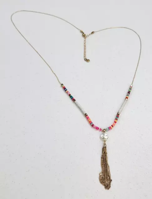 LC Lauren Conrad Multicolor Seed Bead Charm Pearl Tassel Necklace 34" Gold Tone 2