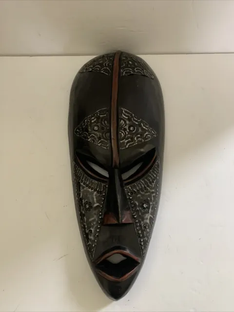 African Tribal wooden Large mask W/ Metal 15” Ghana hand carved W/ Tags