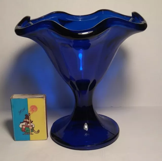 Italian Art Glass Cobalt Blue Deep Footed Bowl Scalloped Edge 5" Tall