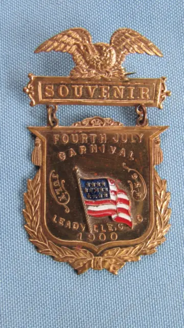 1900 Leadville Colorado 4th Of July Carnival Brass Souvenir Badge-Enameled Flag