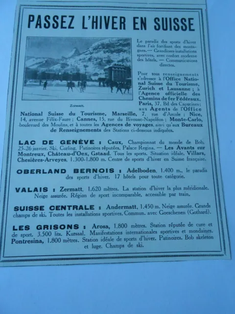 Passez l'hiver en Suisse Lac de Genève Valais Publicité ADVERT 1929 Original