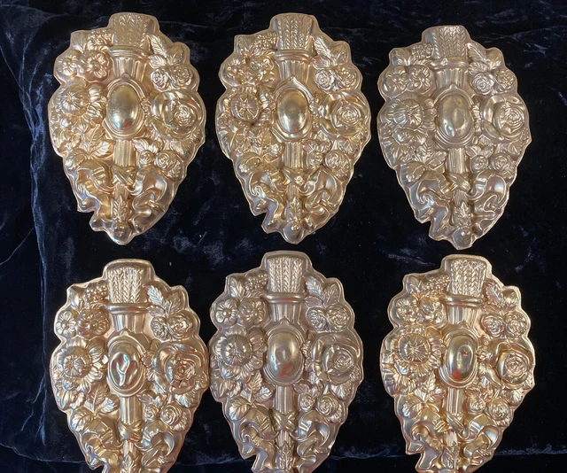 6 Antique Victorian Repousse Ornate Brass Medallions Hardware Curtain Tie Backs