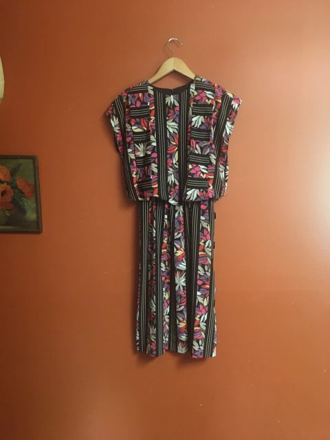 Vintage Hawaiian Print Short Kimono Sleeve Blouson New Wave 80s Midi Dress S