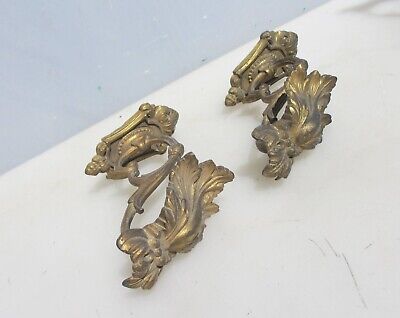 Antique Brass Curtain Tie Backs Hooks French Old Victorian Rococo Leaf Vintage