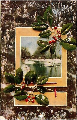 A Merry Christmas Snowy Creek Scene Holly c1910 Postcard