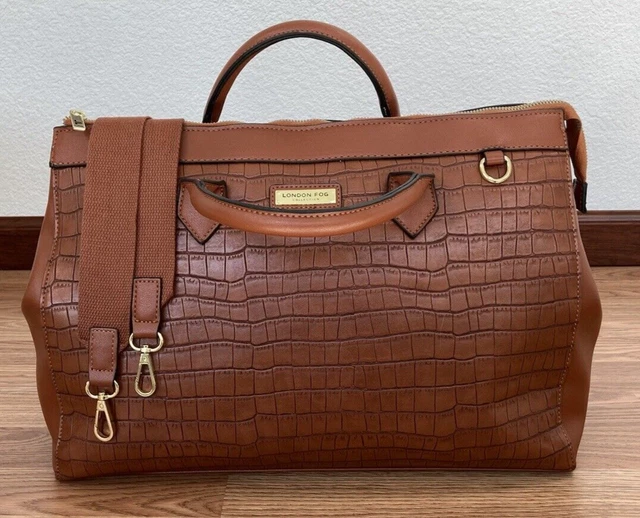 London Fog Large Tote Bag Cognac Faux Crocodile Leather Expandable Crossbody