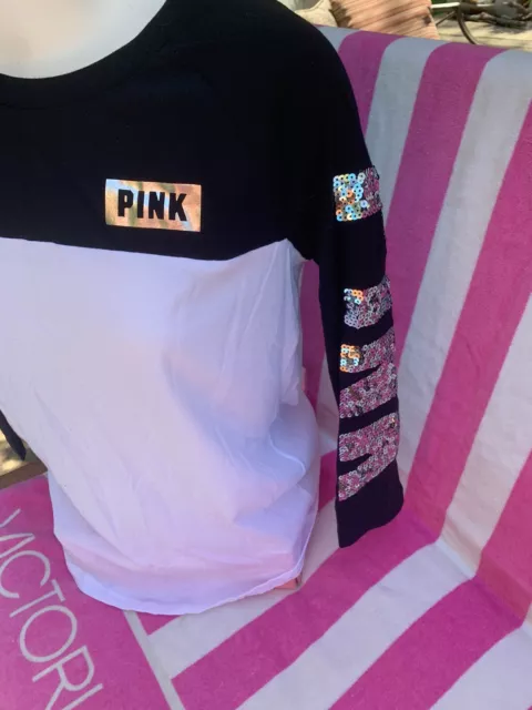 Victorias Secret PINK Bling Sequin Varsity Tee Shirt Oversized Small NEW 11