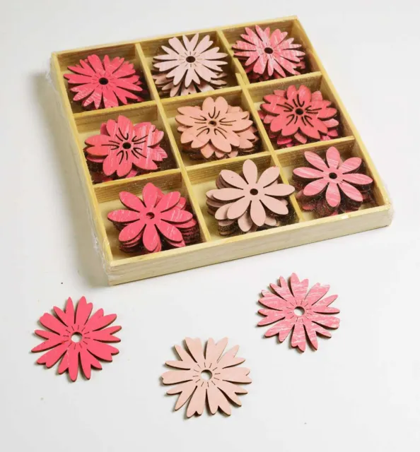 Streu-Deko Holz-Blüten Holz-Blumen rosa, 54 Stück-Box, 3 Motive, Ø: 3,7-3,9cm