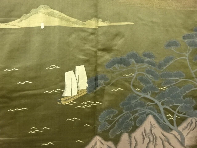 6586985: JAPANESE KIMONO / ANTIQUE MENS HAORI / TSUMUGI / WOVEN SAILING SHIP (li