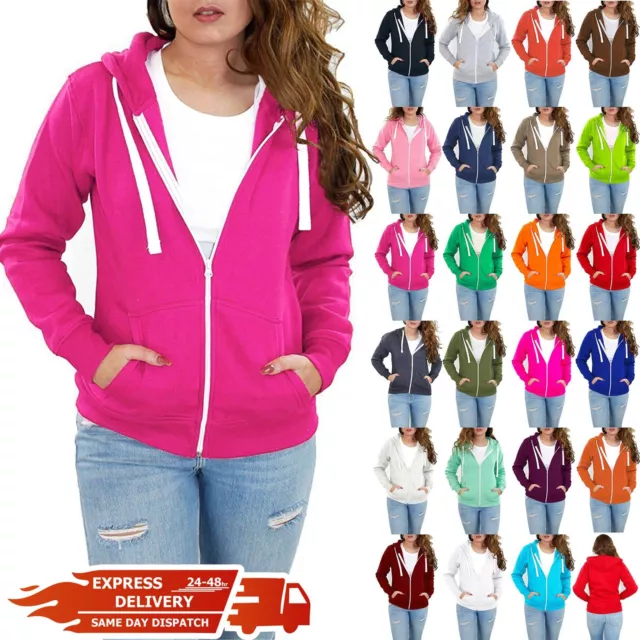 Ladies Plain Fleece Hoody Women Zip Up Sweatshirt Coat Jacket Top Hoodies