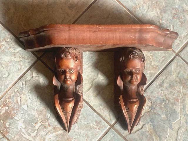 old Hand Carved Wooden Wall Decor Shelf  Cherubs Angels face