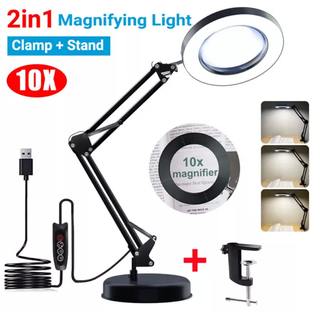 10X Magnifying Glass Desk Light Magnifier LED Lamp Reading Lamp With Base& Clamp